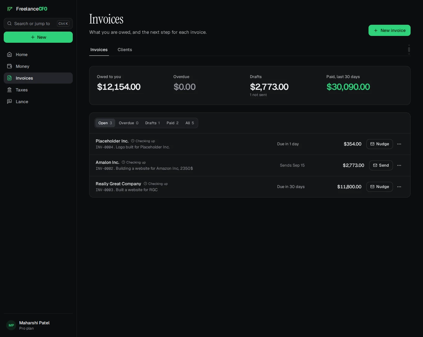 FreelanceCFO Invoices: owed to you, overdue, drafts and paid, with a nudge on every open invoice