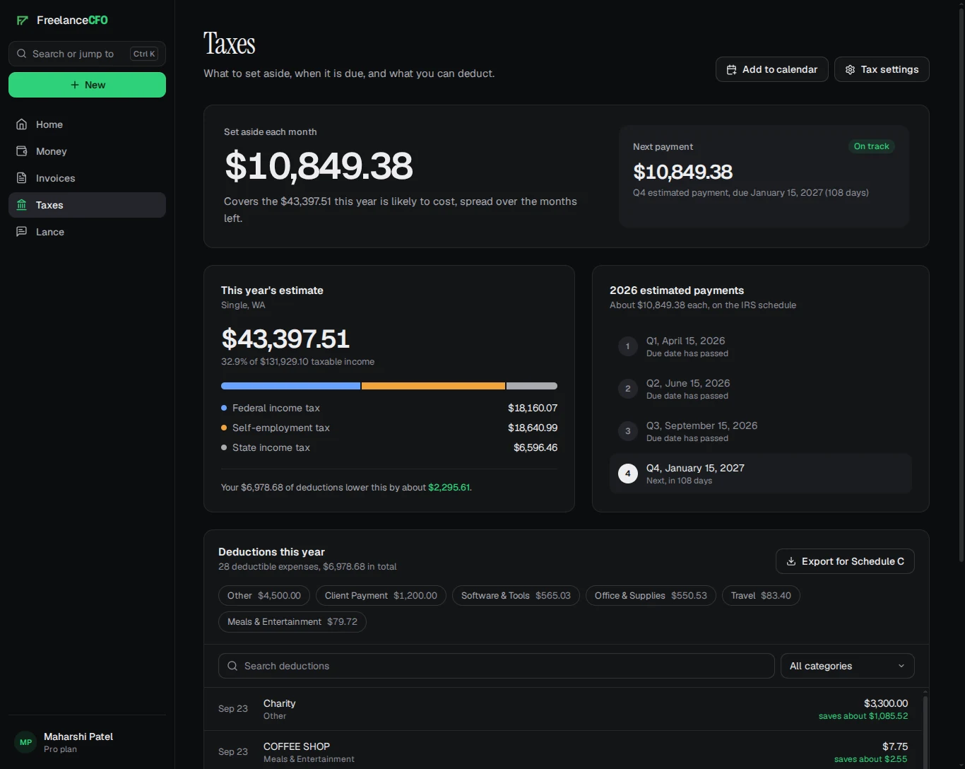 FreelanceCFO Taxes: set aside $10,849.38 a month toward this year's estimated $43,397.51