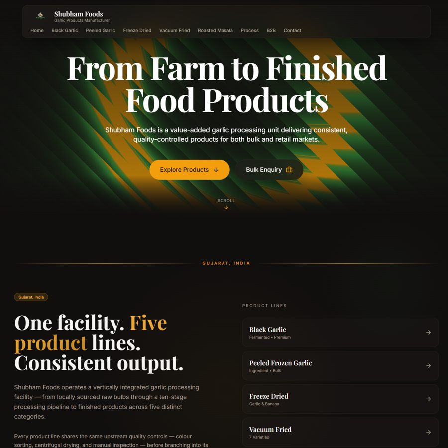 Shubham Foods website hero