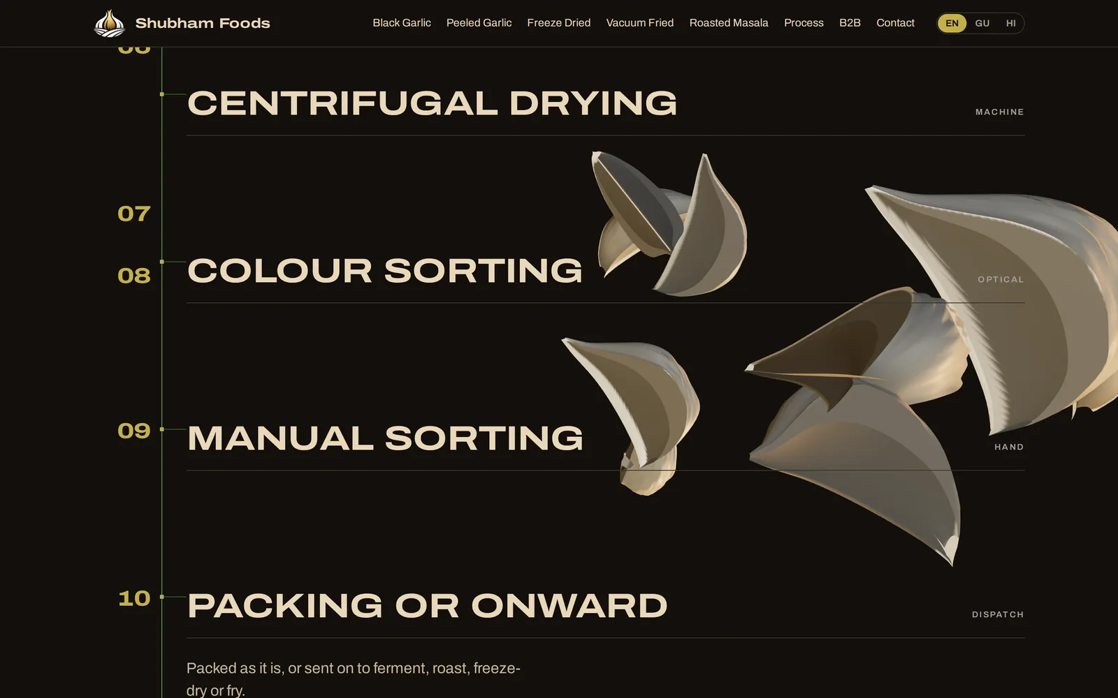 The Shubham Foods site: three.js garlic cloves floating apart beside the process stages, from colour sorting to packing